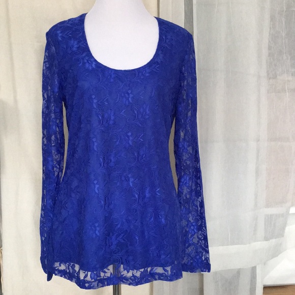 geneology royal blue lace stretch long sleeves top - Picture 3 of 8